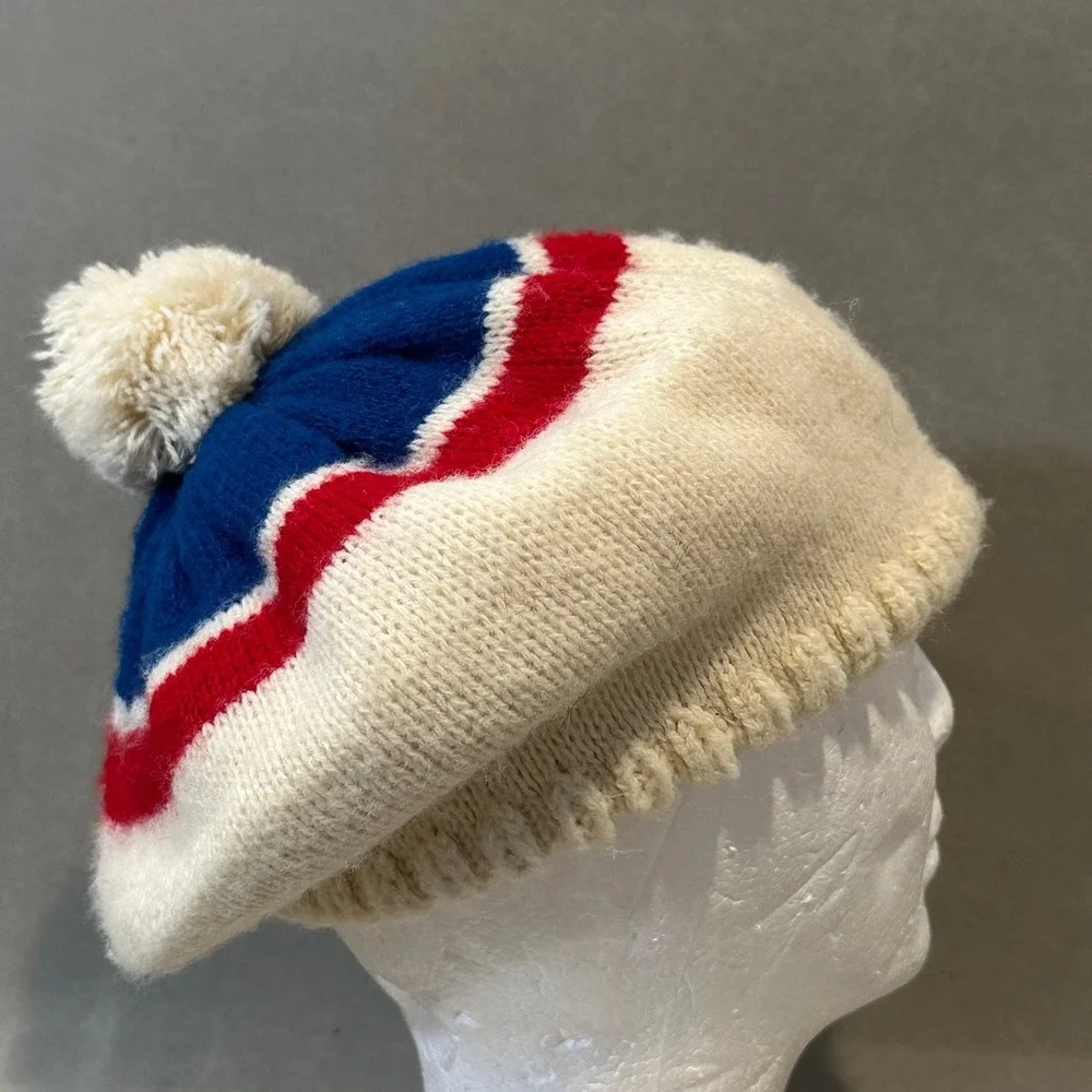 Vintage Tricolor Knit Beret Pom Pom Hat Cream Red Blue Slouchy Beanie